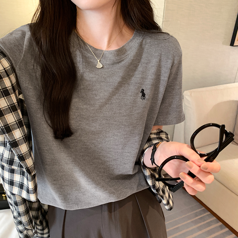 實拍圖春秋新款刺繡小馬燈芯絨雙面短袖T恤韓版通勤時尚簡約上衣