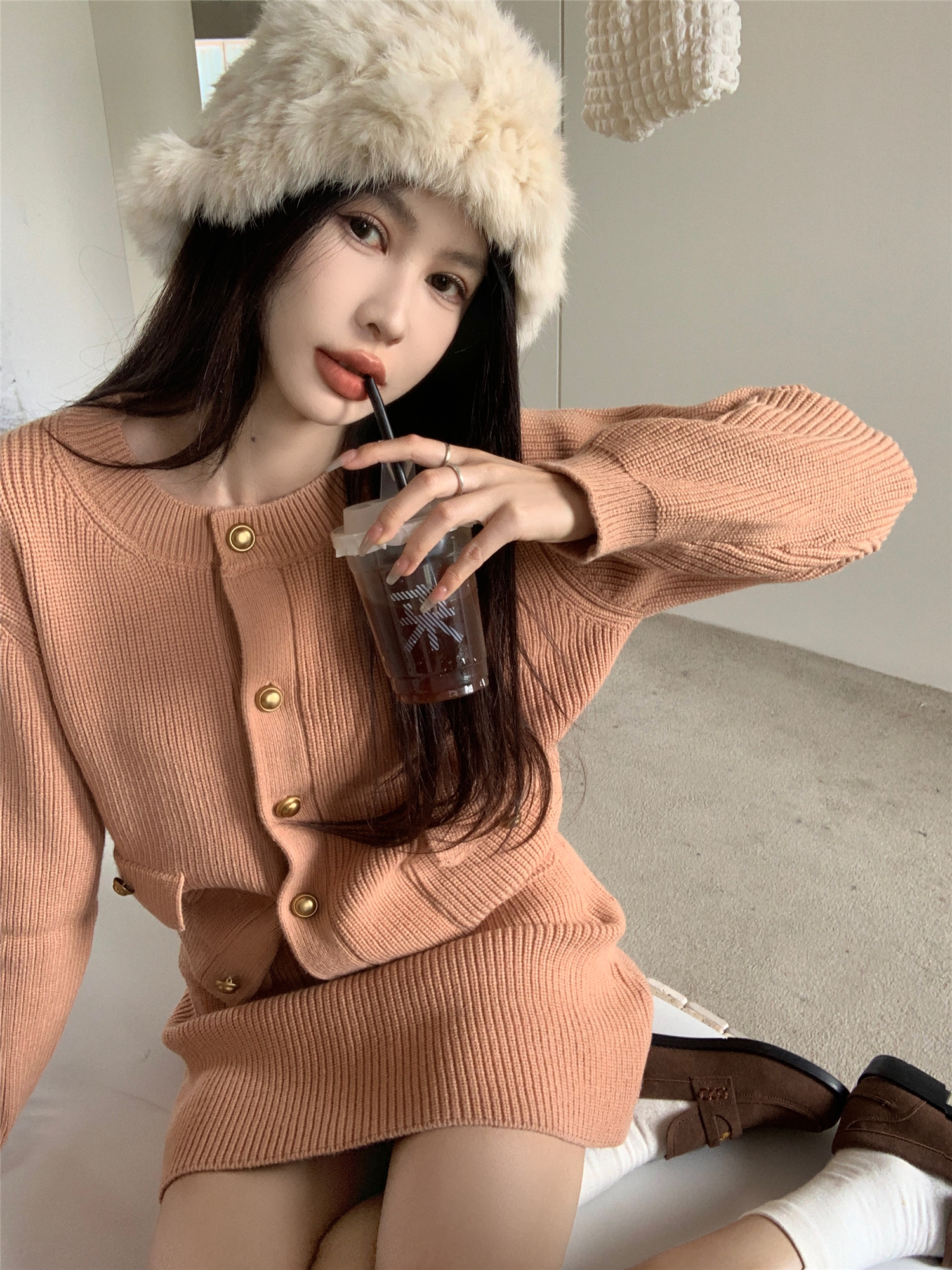實拍~私立校花奶橘色針織毛衣女慵懶開衫顯瘦遮跨a字半裙套裝