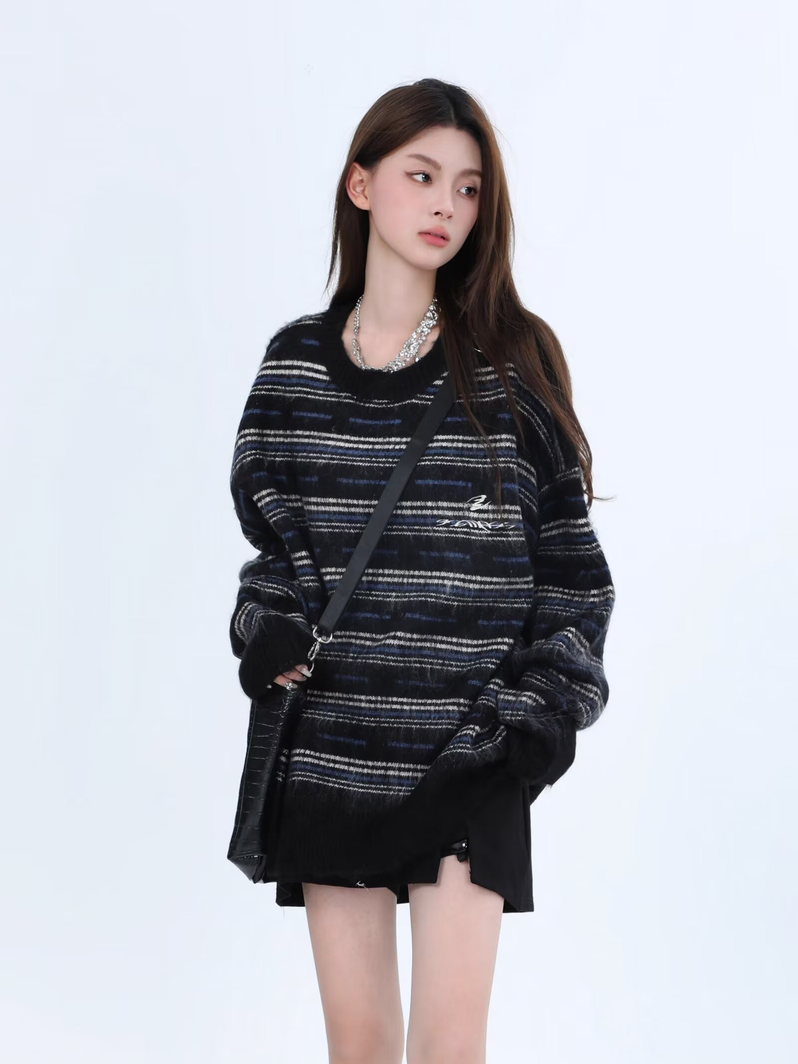 美式復古條紋情侶毛衣秋冬款潮牌潮流小眾慵懶風圓領針織衫男