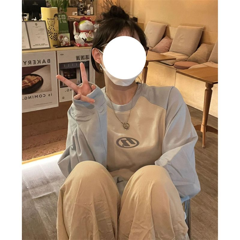 Matte Chinese cotton thin/thick shoulder collar, matching color printing, contrasting color splicing round neck sweatshirt