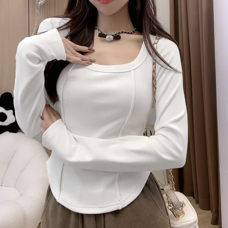 德絨 時尚超火長袖T恤女秋冬季保暖磨毛內搭短款打底衫修身上衣潮