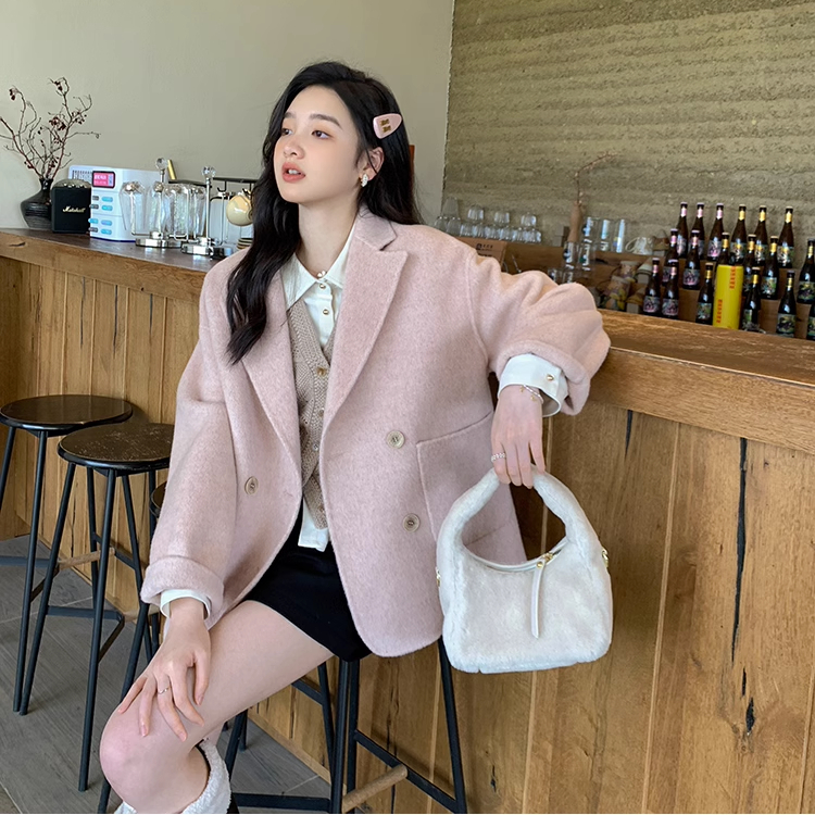 新款秋冬季高級感洋氣寬鬆百搭休閒小個子毛呢西裝外套女呢子大衣