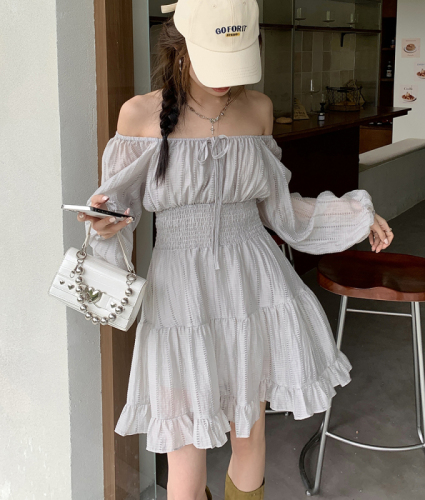 Actual shot of 2024 spring and summer new retro palace style dress for women silver gray long-sleeved short skirt