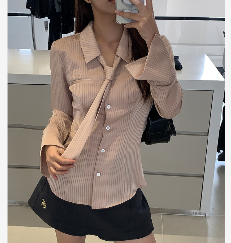 紅人館條紋襯衫女2023新款春秋設計感慵懶風上衣長袖法式粉色襯衣