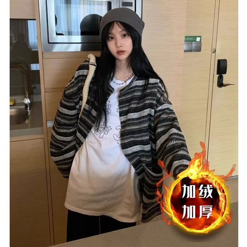 加絨針織開衫毛衣外套女秋季新款設計感小眾復古慵懶百搭休閒上衣