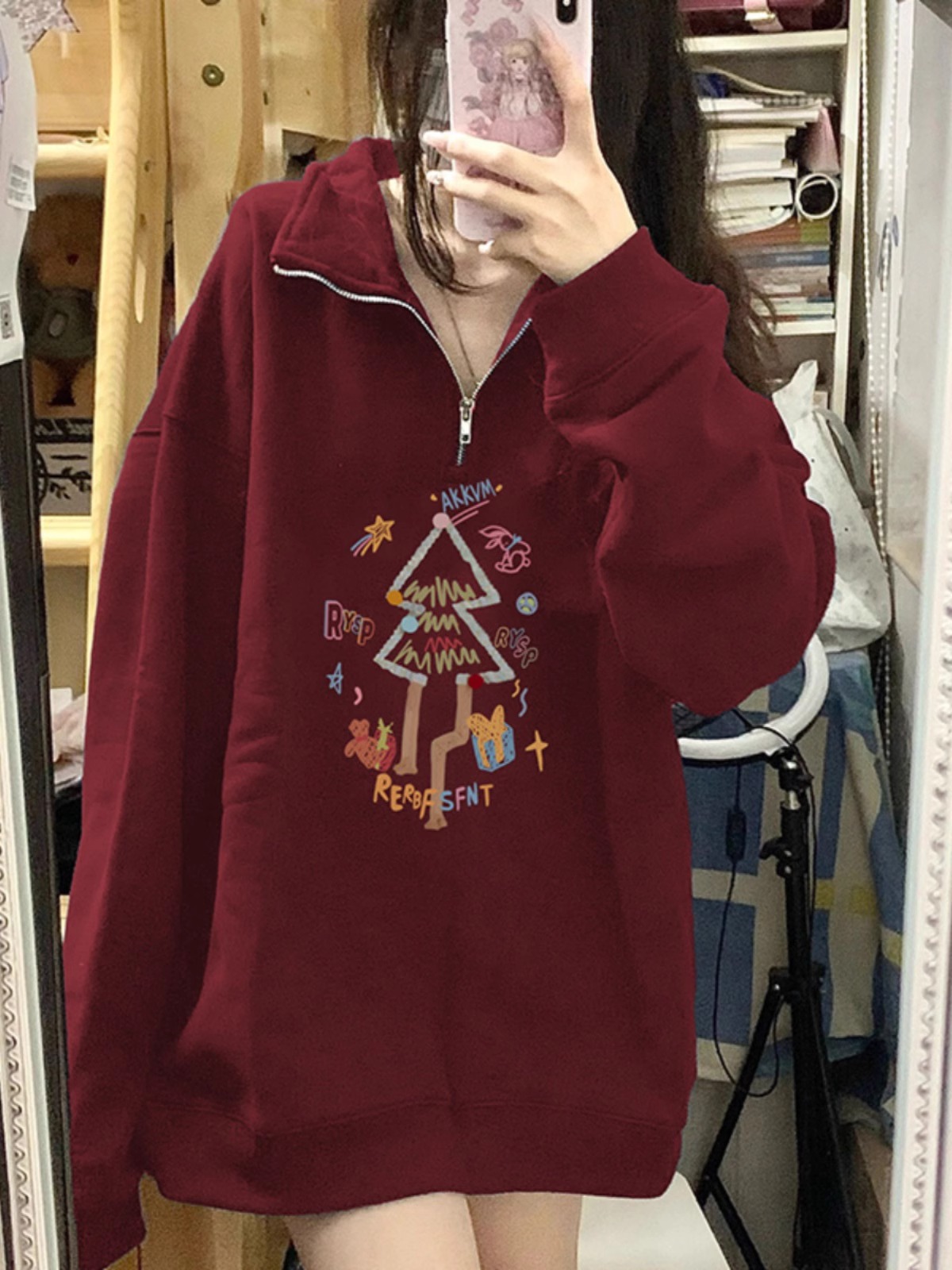 CVC cotton pasta wool Chinese cotton composite/milk silk 300g/silver fox velvet 400g front printed lapel sweatshirt for women