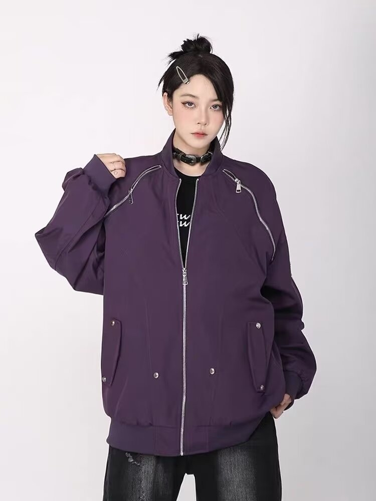 Trendy brand high street zipper design bomber jacket women's American niche trendy brand loose functional versatile jacket