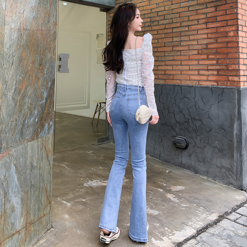 開叉牛仔褲女2024年新款高腰緊身彈力顯瘦拖地微喇叭褲子