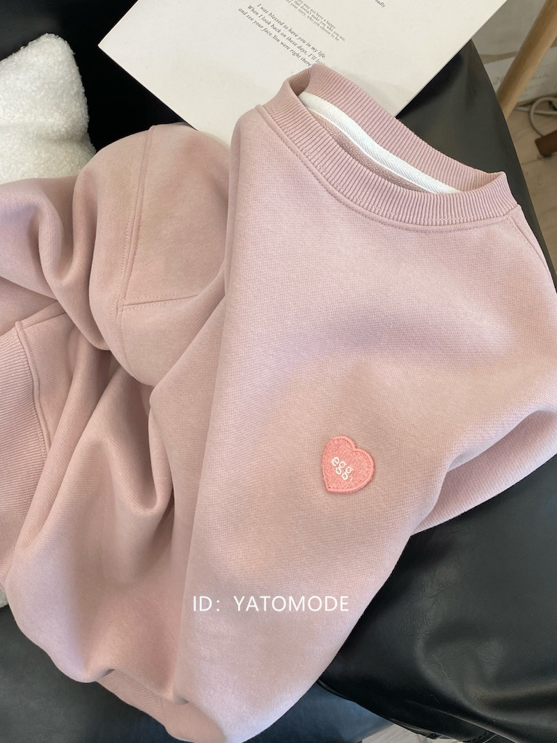 韓國egg雞蛋秋冬新款圓領寬鬆愛心刺繡套頭加絨加厚休閒衛衣女款