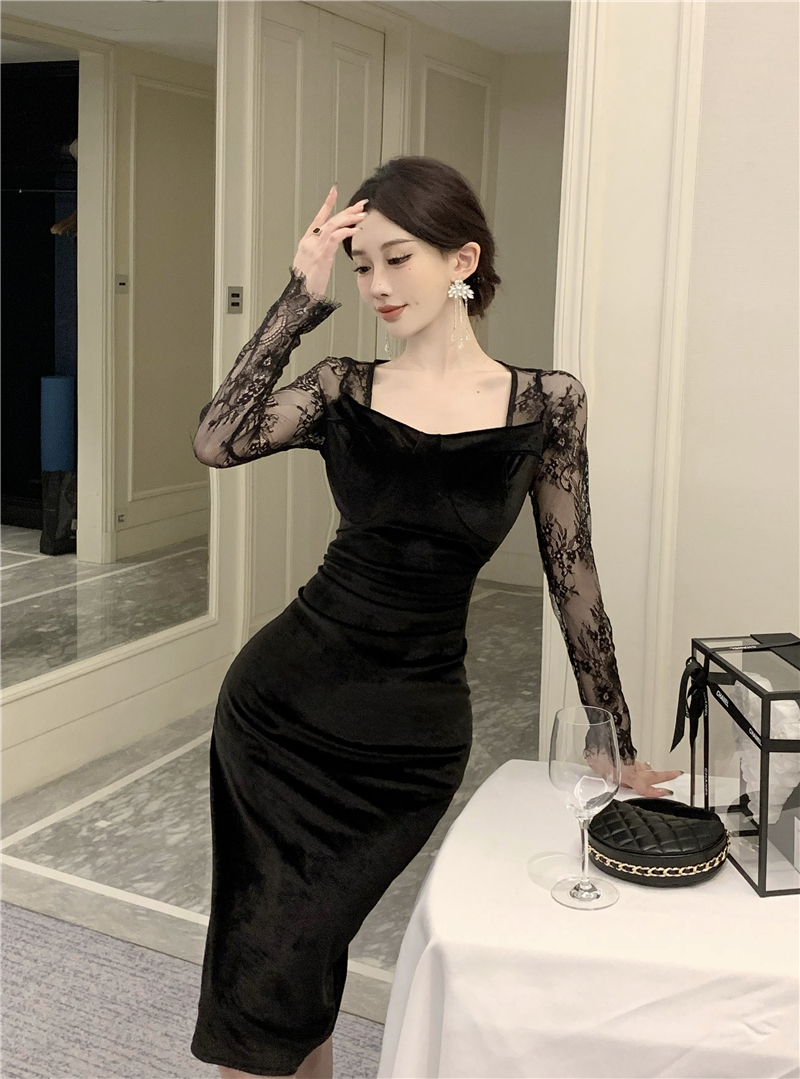實拍蕾絲拼接絲絨方領純欲風連衣裙女性感修身高腰顯瘦禮服中長裙