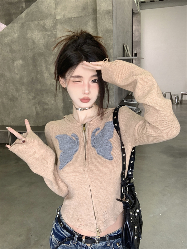 實拍連帽針織衫新款美式復古蝴蝶撞色不規則修身顯瘦長袖開衫