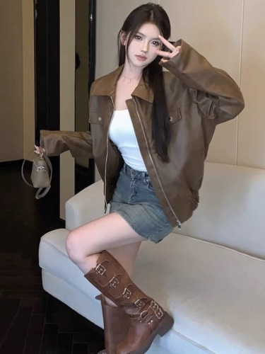 Brown motorcycle pu leather foreign-style jacket for women in autumn and winter, sweet and cool motorcycle style long-sleeved high-end leather jacket