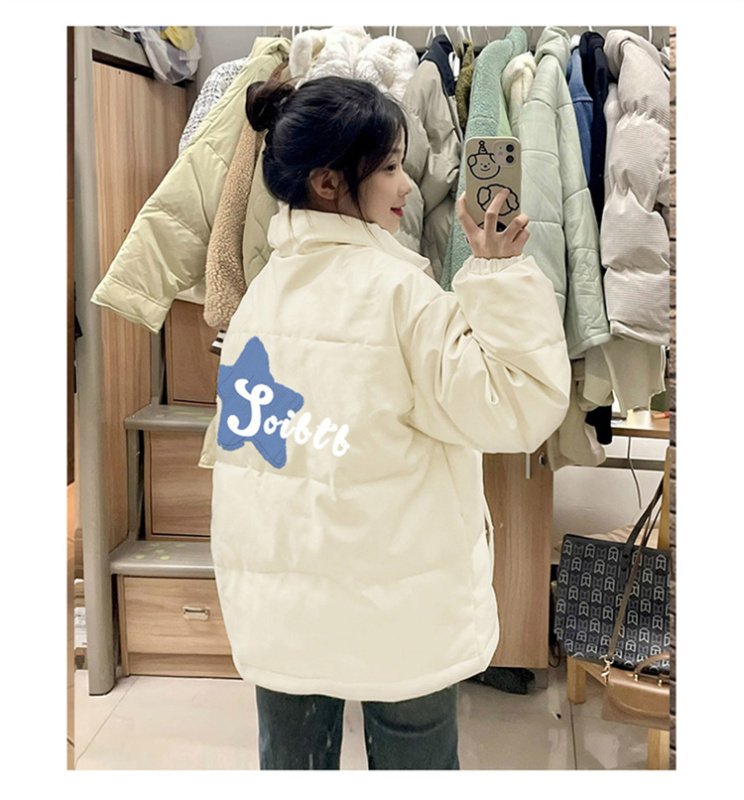 高品質手塞棉加厚冬季新款棉服寬鬆印花棉衣麵包服女