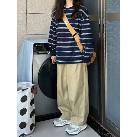 재고있음薄款衛衣條紋女寬鬆春秋長袖上衣