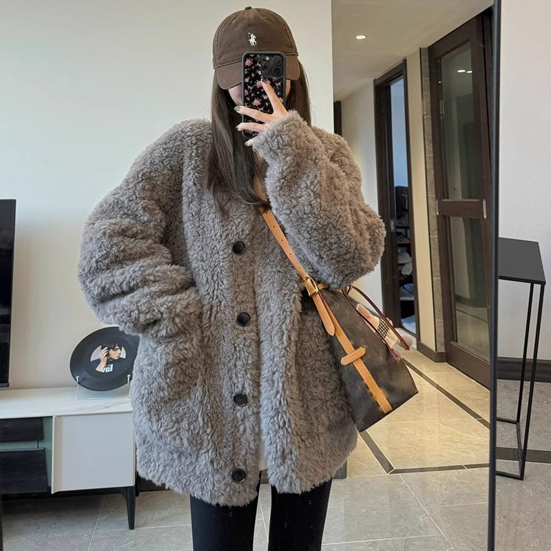 灰色羊羔毛外套女秋冬季新款皮毛一體外套美式復古毛毛羊羔絨外套