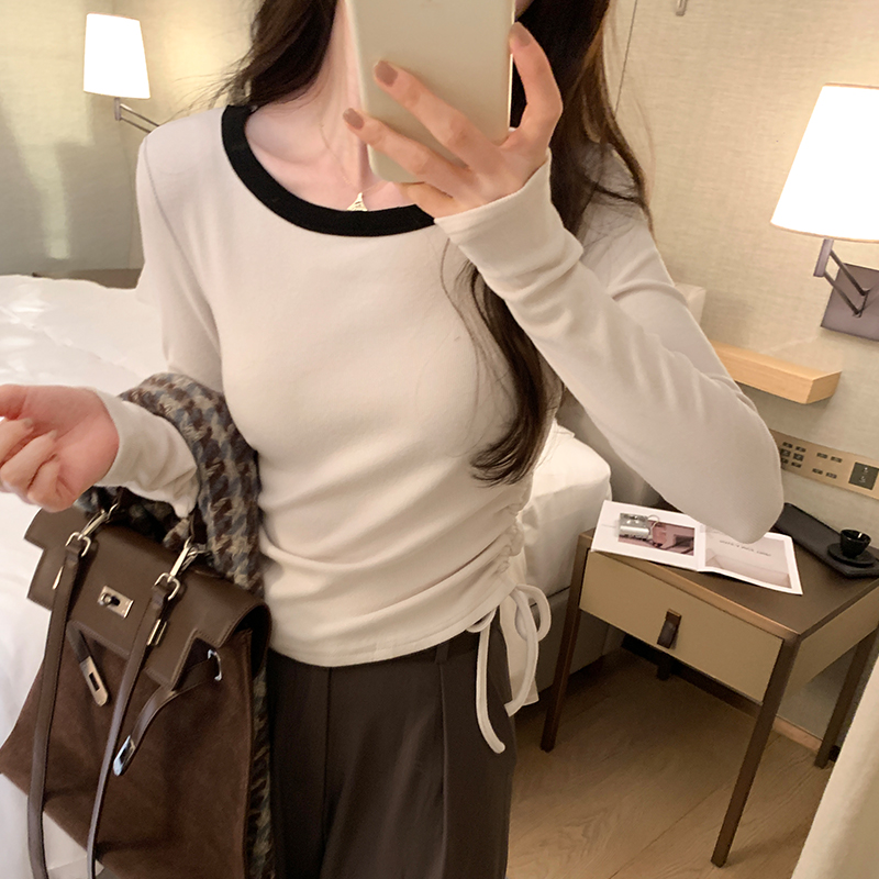 實拍圖撞色慕斯羊絨抽繩褶皺長袖T恤女秋冬2023新款短款內搭上衣