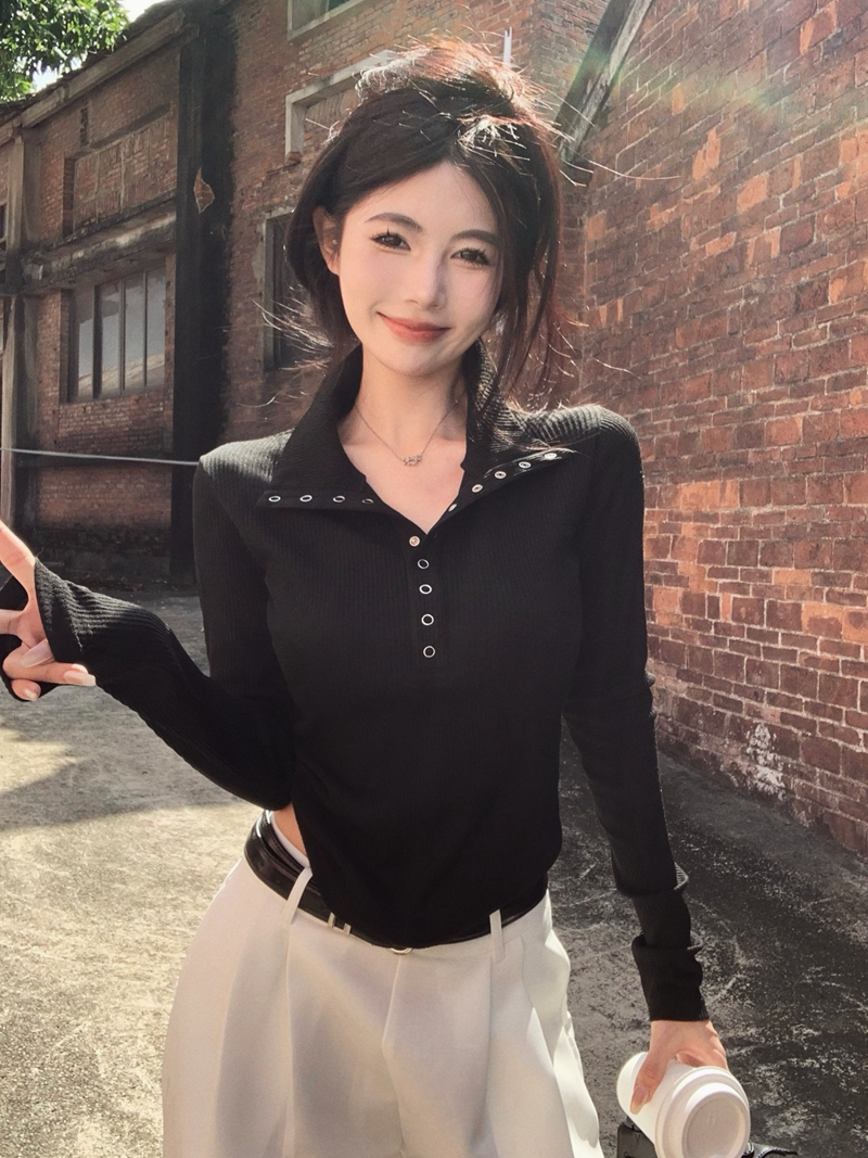 實拍設計感復古修身長袖外穿針織上衣美式甜辣內搭加厚打底衫