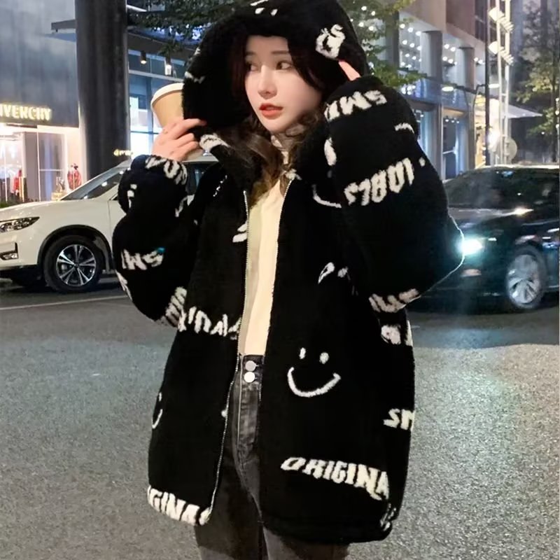 New autumn and winter stand-up collar smiley imitation lamb fur coat for women mid-length rabbit fur loose plush coat