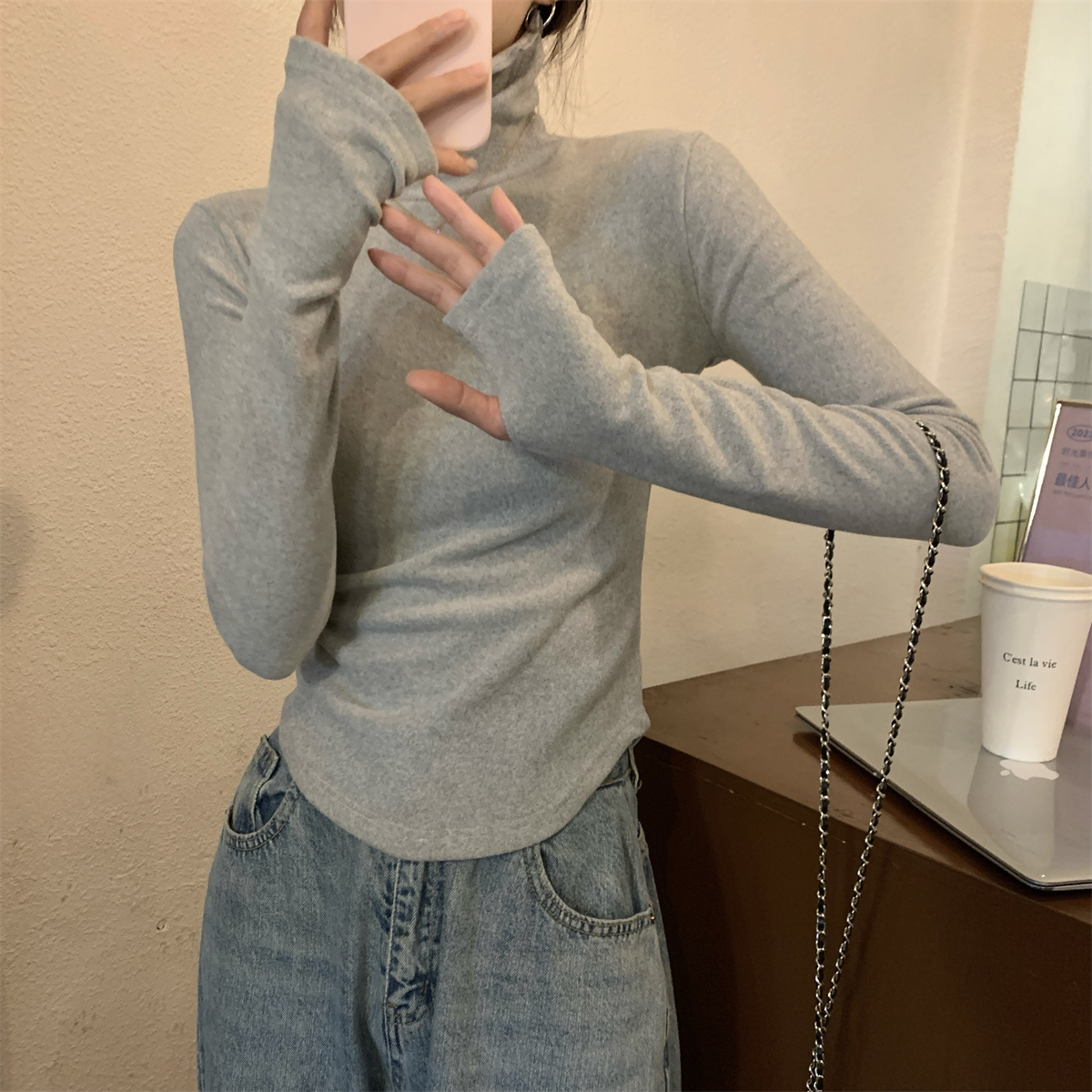 實拍 秋冬韓版堆堆領修身氣質百搭純色內搭德絨保暖T恤上衣
