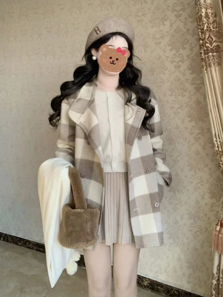 格子呢子大衣女秋冬季2023年新款毛呢外套高級感小個子中長款