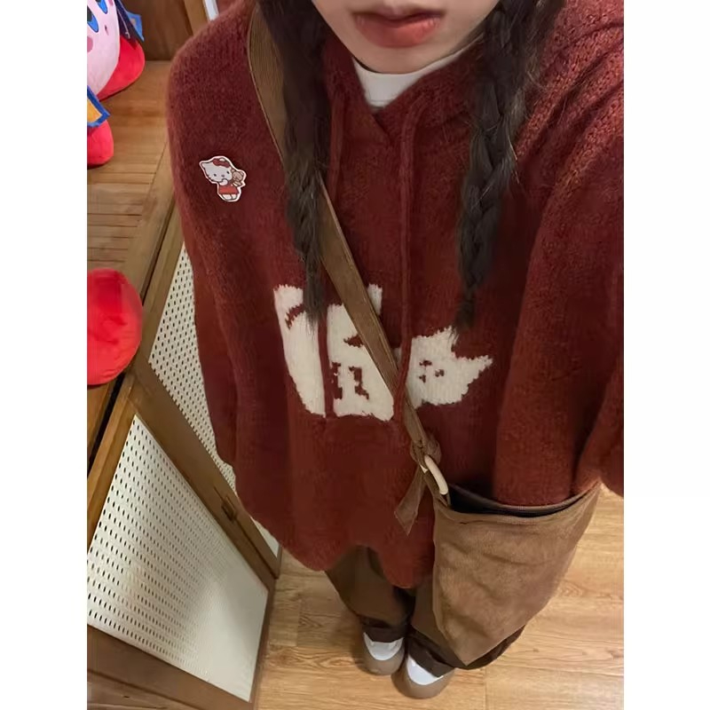 2024秋冬日系復古卡通貓咪提花連帽毛衣女慵懶風軟糯針織衫上衣潮