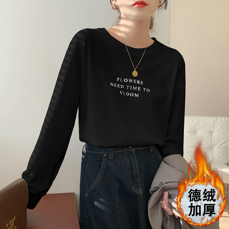 實拍字母印花簡約休閒長袖T恤女秋冬內搭寬鬆打底衫圓領上衣