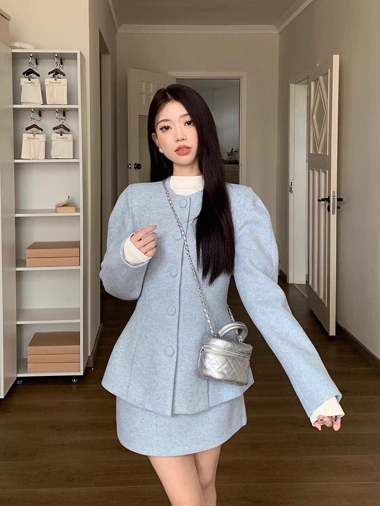 小香風高級感收腰顯瘦長袖毛呢外套半身裙女秋冬2023新款時尚套裝