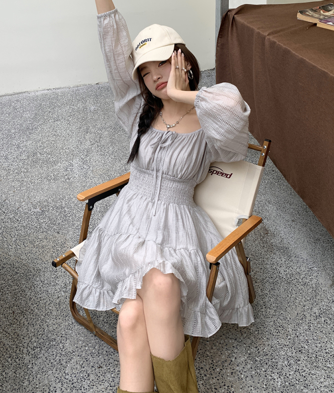 Actual shot of 2024 spring and summer new retro palace style dress for women silver gray long-sleeved short skirt