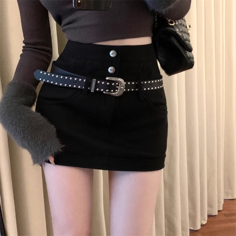 黑色毛呢半身裙女秋冬2023新款辣妹高腰顯瘦裙子緊身a字包臀短裙