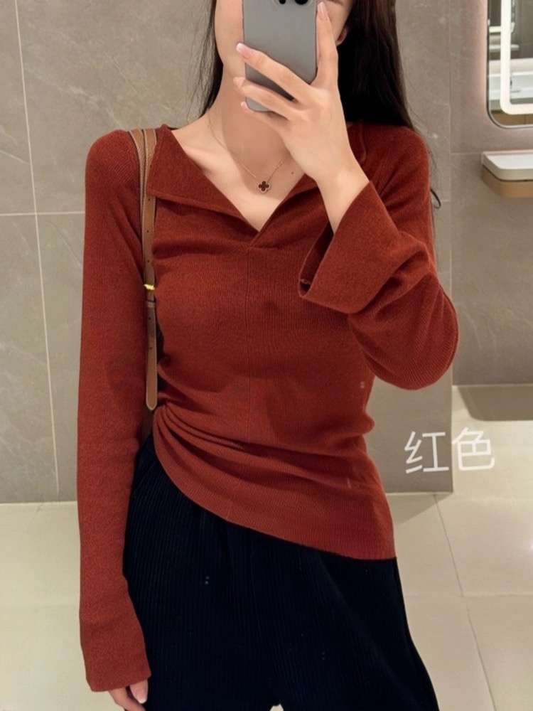 親膚針織打底衫純色V領修身t恤上衣女2023秋冬新款軟糯減齡紙片人