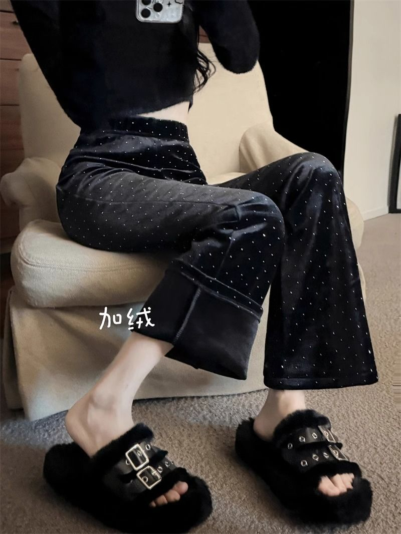 加絨加厚絲絨燙銀休閒褲女秋冬韓版2023新款港風設計感微喇長褲潮