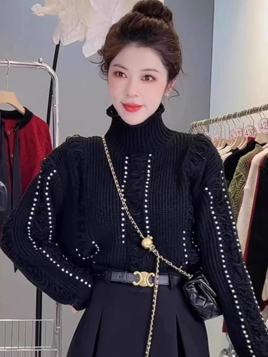 GS new autumn and winter pure desire to reduce age lace splicing knitted dress women's beautiful sweater mid skirt