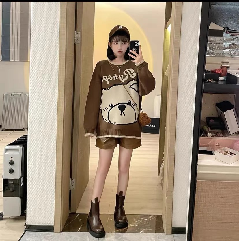 新款秋冬季韓版時尚網紅氣質可愛卡通減齡針織毛衣遮肚顯瘦氣質