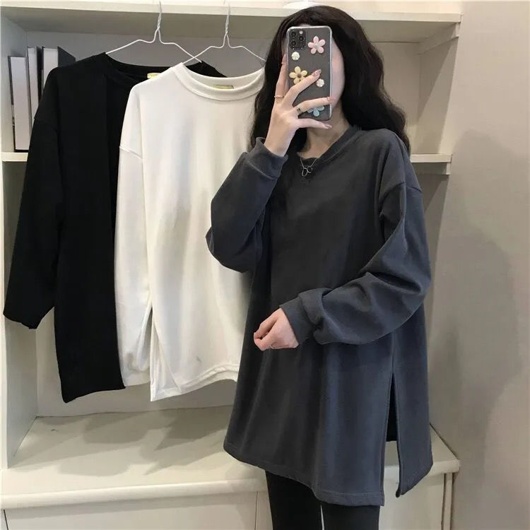 White inner bottoming shirt for women in autumn and winter, loose large size, mid-length German velvet thickened long-sleeved T-shirt, fashionable top
