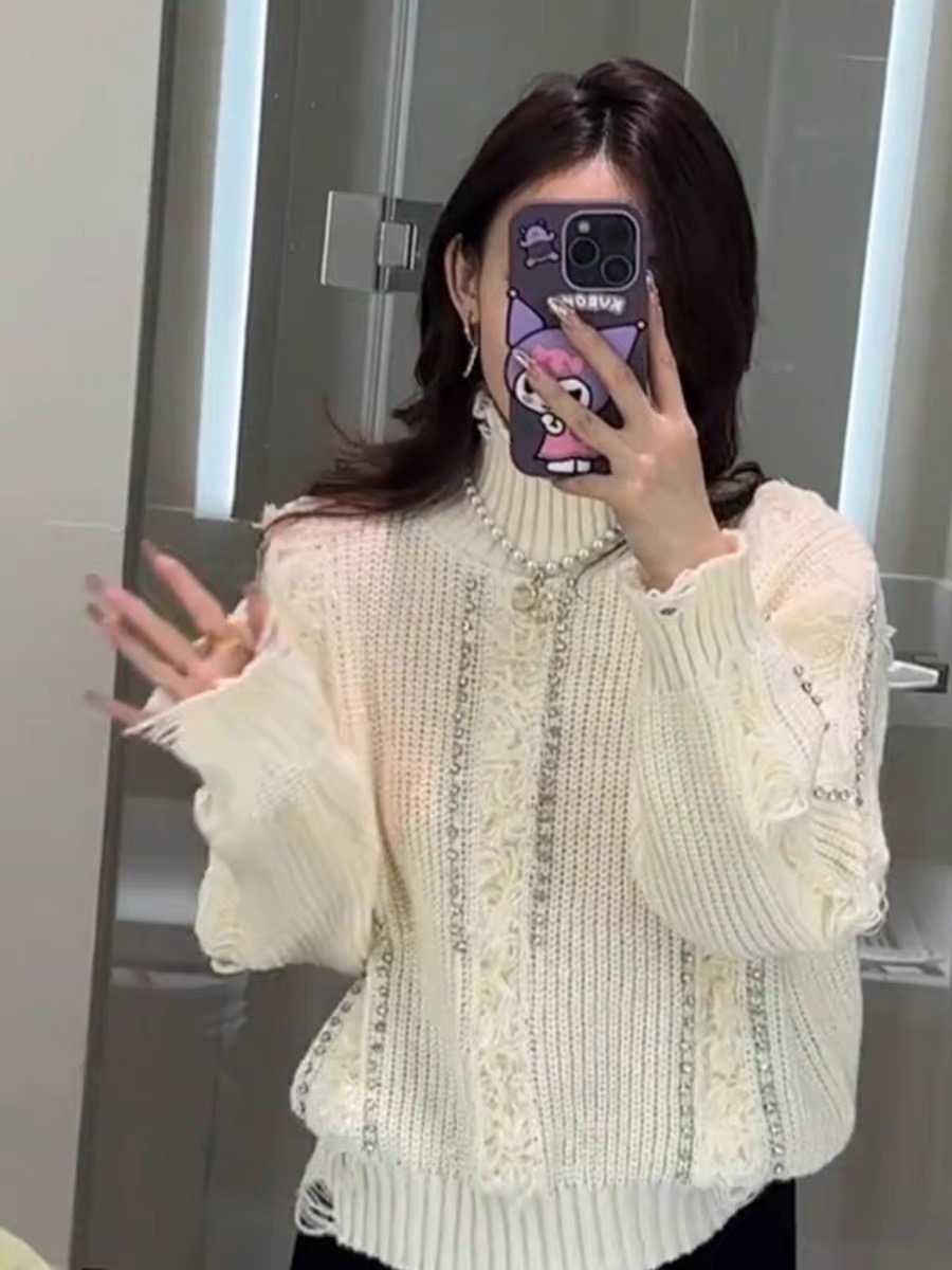 法式流蘇鑲鑽高領純色毛衣女士2023新款秋冬季寬鬆長袖針織衫上衣