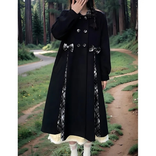 Coat Doll Collar Plaid Autumn and Winter Bow Girl Loose  Over-the-Knee Long Woolen Coat