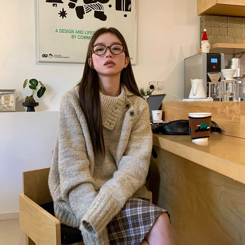 215#慵懶風斜扣大翻領針織上衣女港味復古時髦休閒百搭高級感毛衣