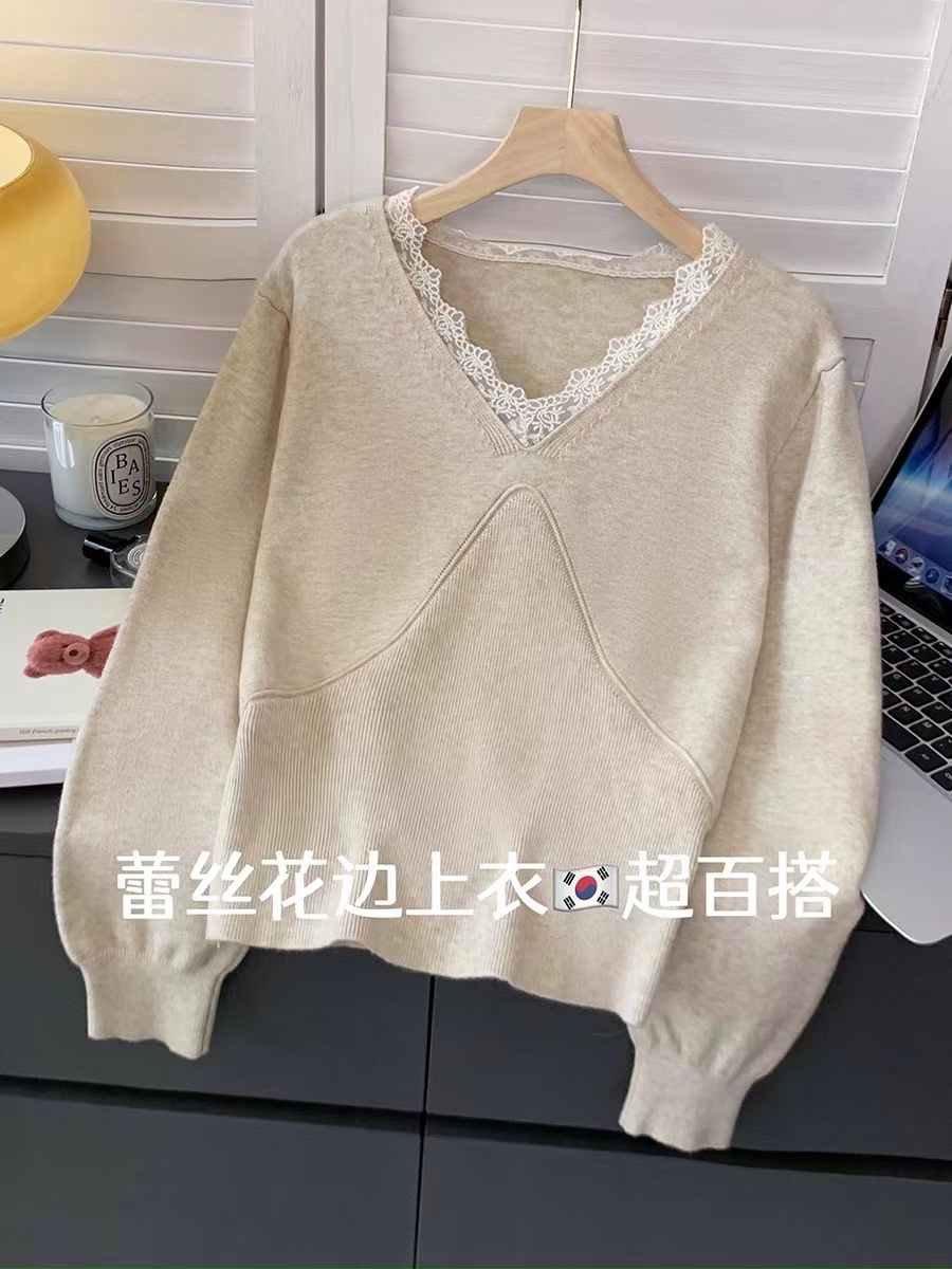 溫柔小眾蕾絲邊拼接V領針織衫女秋冬內搭套頭法式毛衣打底衫