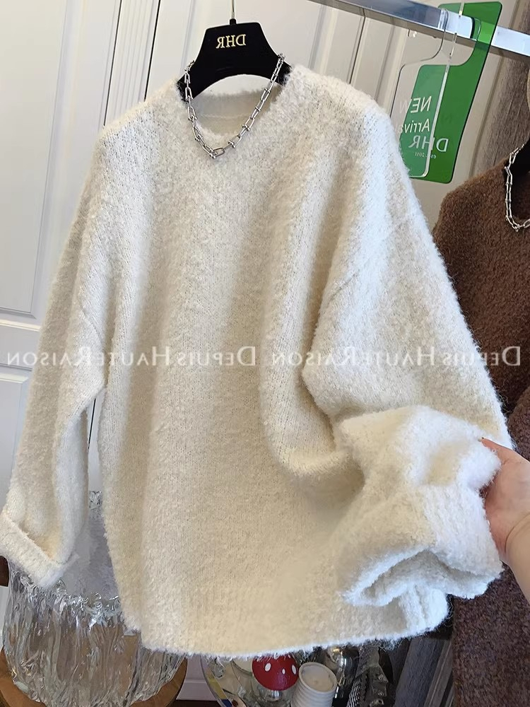 奶乎乎白色鹽毛圈絨溫柔軟糯寬鬆大毛衣針織衫女加厚慵懶風秋冬季