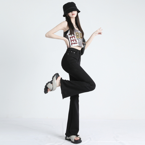 Real shot~ Frayed design bell pants high waist high elasticity casual Korean version versatile high waist skinny jeans for women 