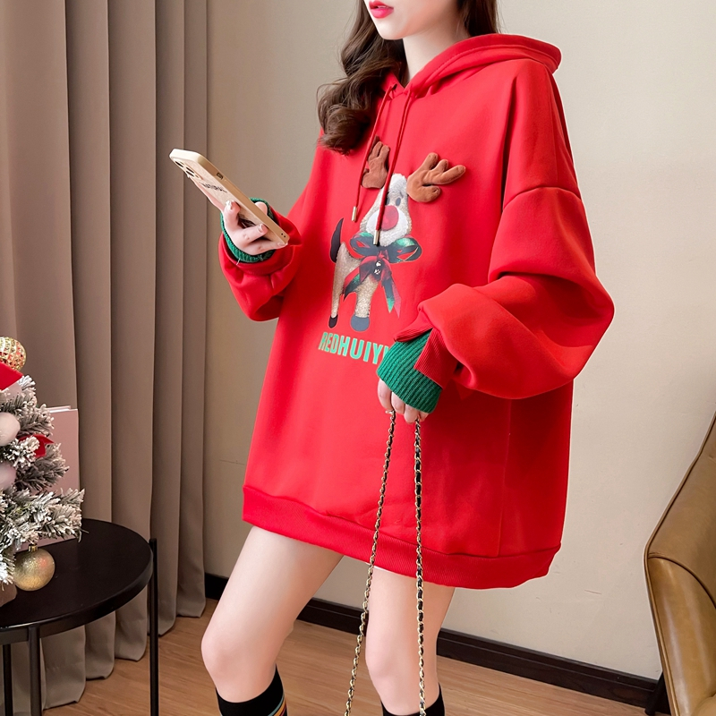 實拍牛奶絲複合卡通假兩件加絨加厚紅色新年衛衣女連帽