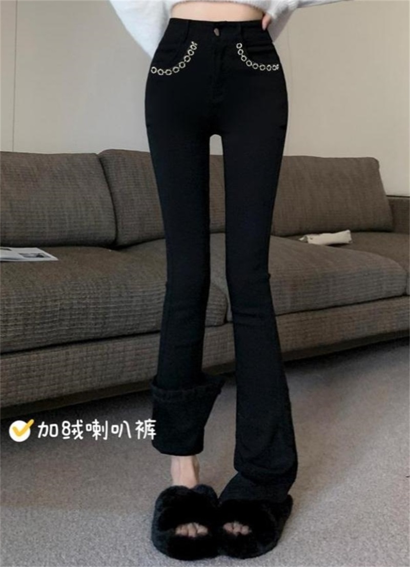 實拍~~加絨加厚復古高腰彈力緊身顯瘦百搭微喇叭長褲