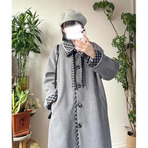 Retro lace plaid doll collar woolen coat for women  autumn and winter small loose mid-length coat