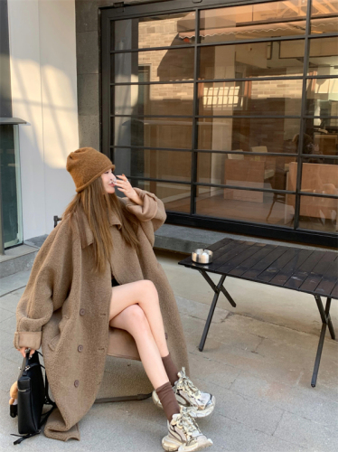 Real shot Korean style lamb wool cotton coat mid-length coat with fur integrated winter