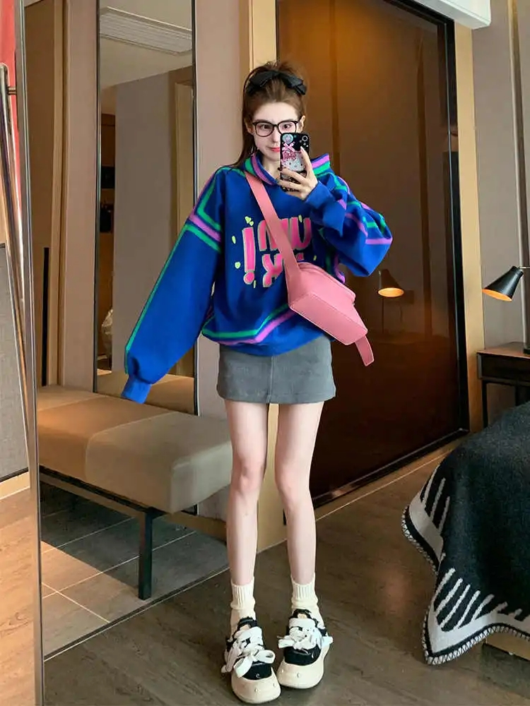 美式高街連帽套頭衛衣女2023新款秋冬加絨加厚小眾復古上衣潮