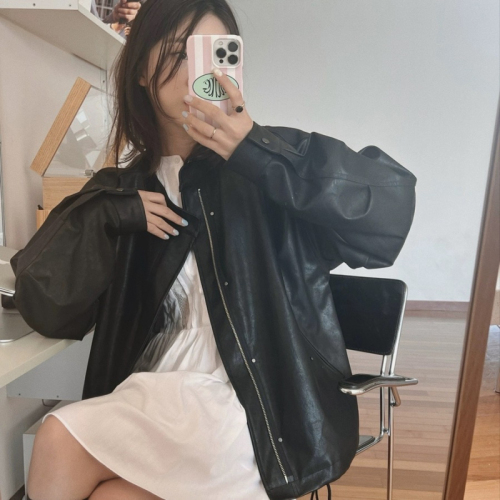 Korean style black imitation leather jacket for women  spring and autumn American and European new Hong Kong style casual pu leather jacket top