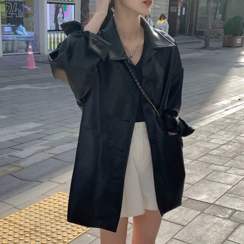 Korean handsome lapel single-breasted leather jacket for women spring and autumn new Hong Kong style loose imitation leather jacket top