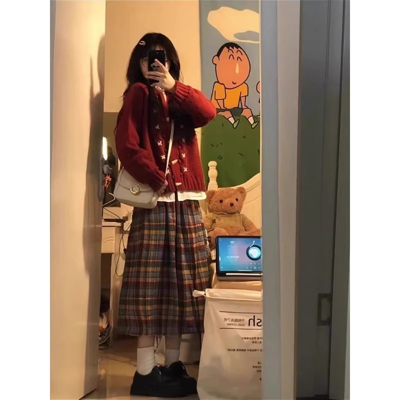 復古新款彩色a字格子半身裙女秋冬季高腰小個子jk格紋傘裙長裙子