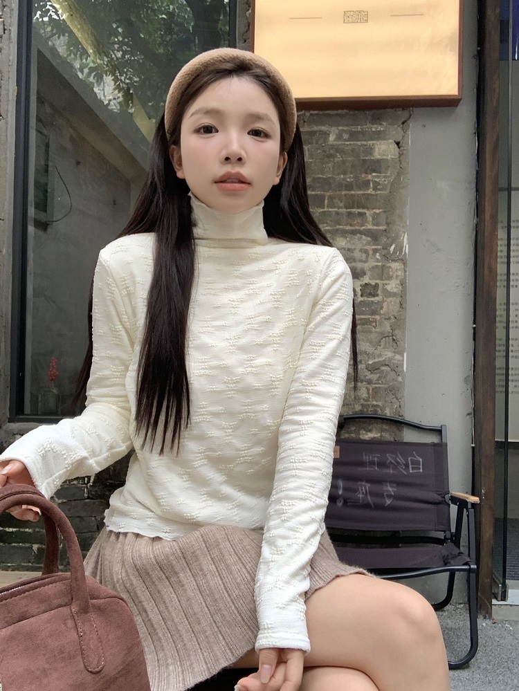 實拍 軟糯半高領彈性蕾絲打底衫疊穿百搭長袖木耳邊上衣
