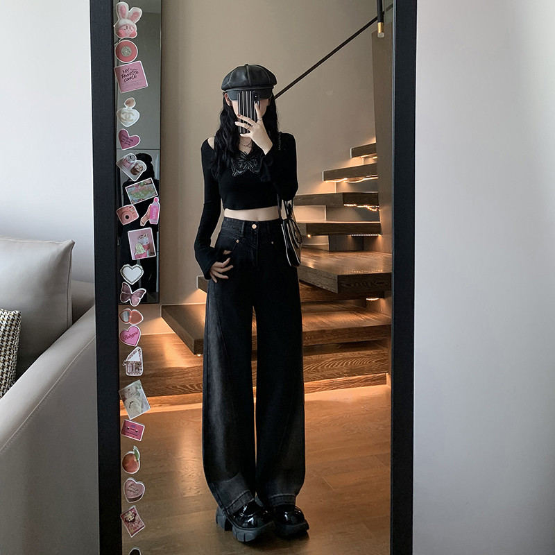 辣妹高街闊腿牛仔褲女春秋款設計拼接美式拖地長褲垂感顯瘦拖地褲